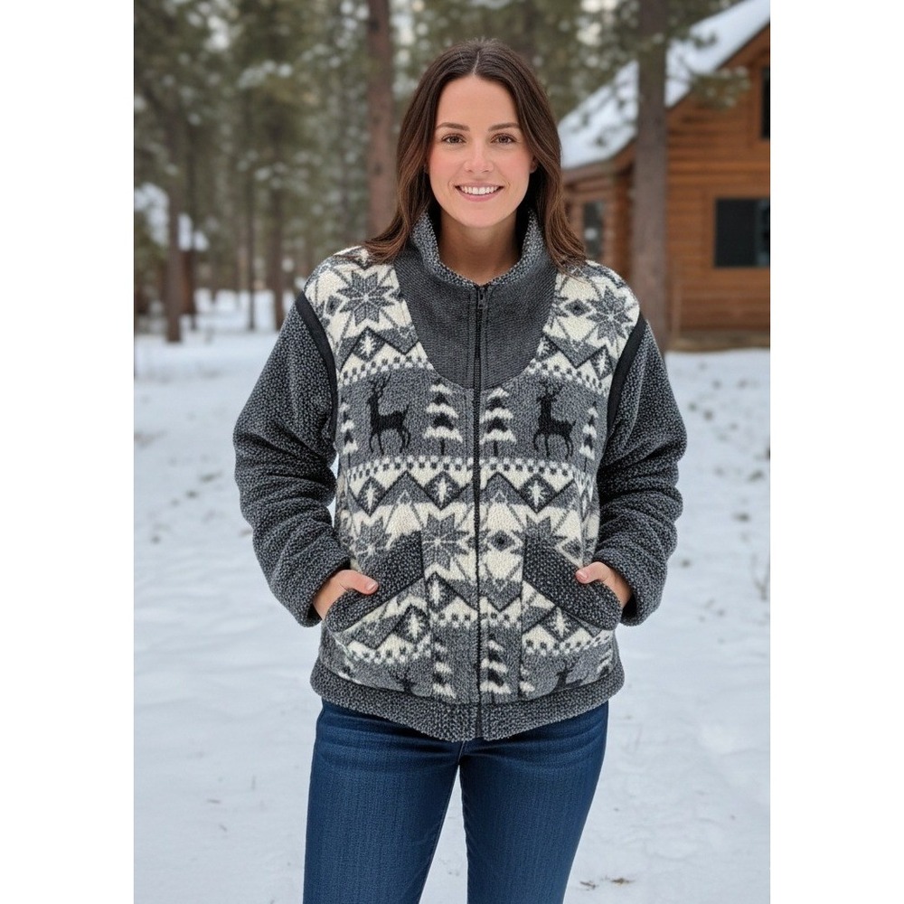 Vintage East West Fleece Fair Isle Jacket Women's M Gray Zip Up Winter Outdoor